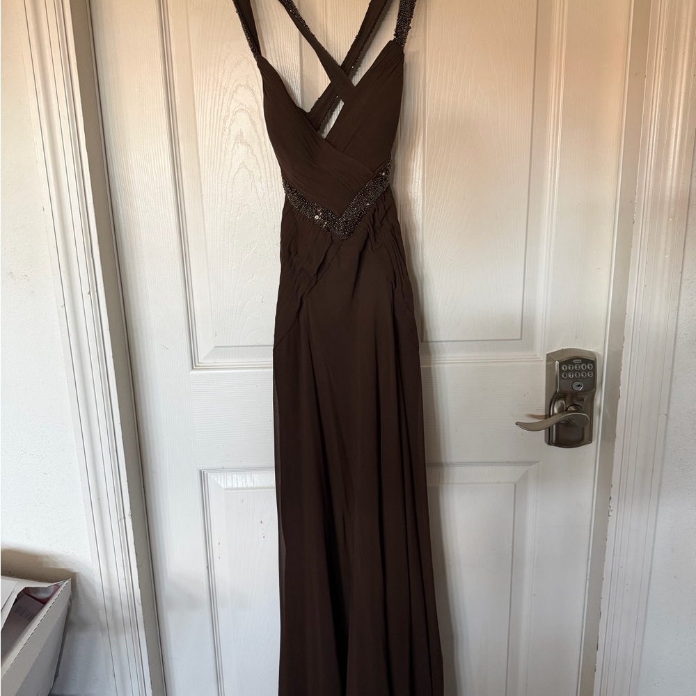 Niteline Brown Crisscross Maxi Dress with Beaded Waist